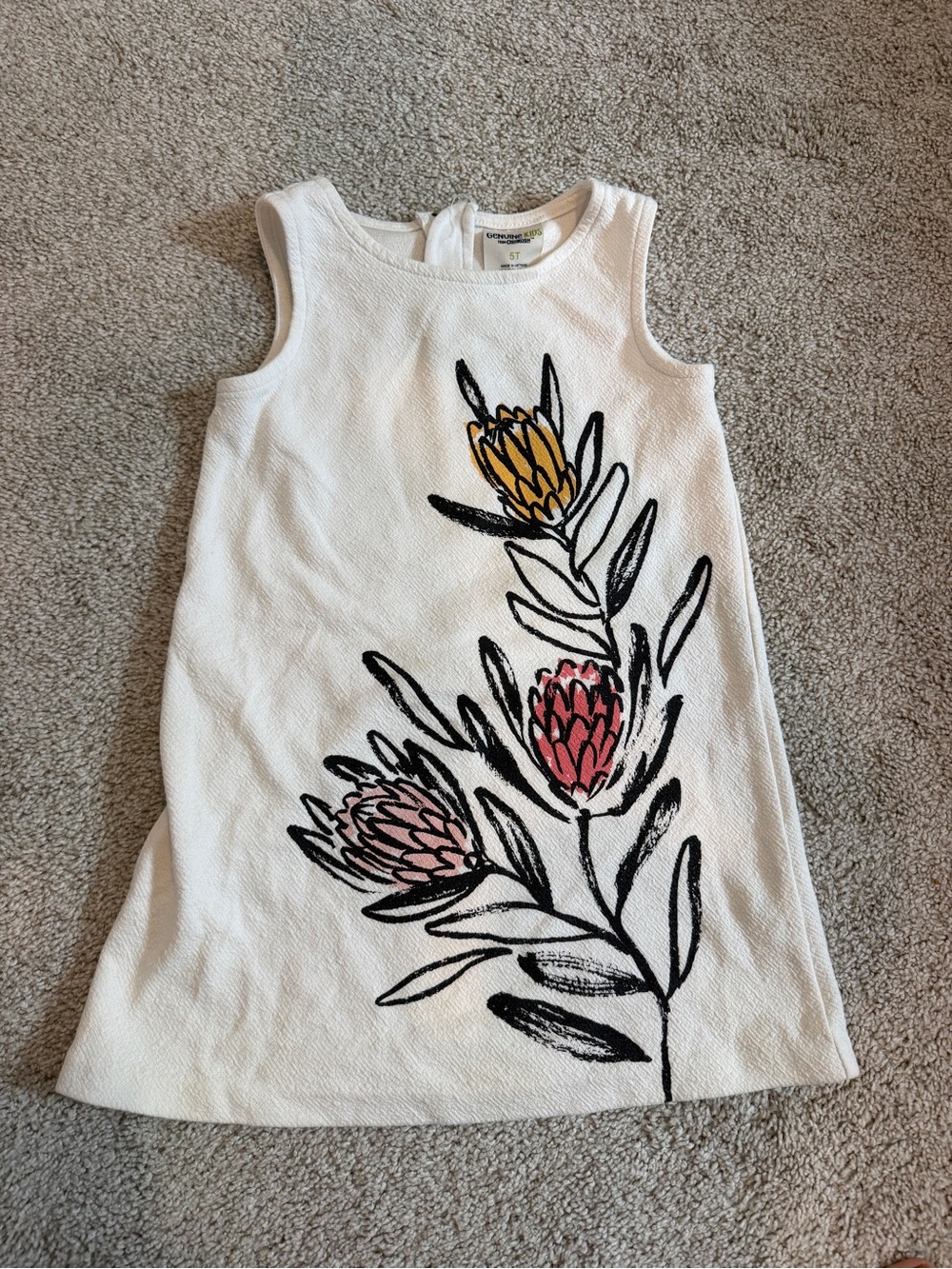 Children's White Floral Tank Dress with Pink & Yellow Bloom